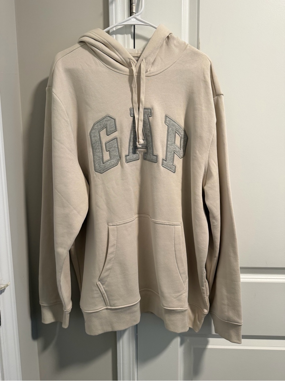 GAP Men's Beige Logo Hoodie with Gray Lettering